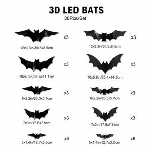 3D LED bat wall stickers size chart showing dimensions and set quantities for Halloween party decor.