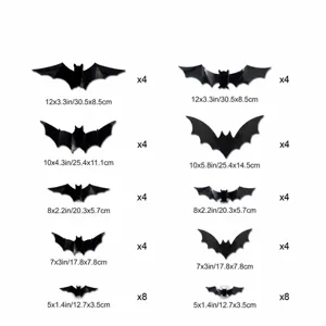 3D LED bat wall stickers for Halloween party decorations, luminous glowing 48pcs set.