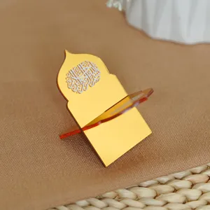 Golden acrylic Islamic arch book holder detail, elegant desktop decoration display stand.