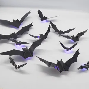 Detailed view of 3D Halloween LED glowing bat wall stickers set for party and window decor.