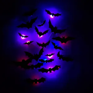 Halloween 3D LED glowing bat wall stickers detail, vibrant colorful night light party decor.