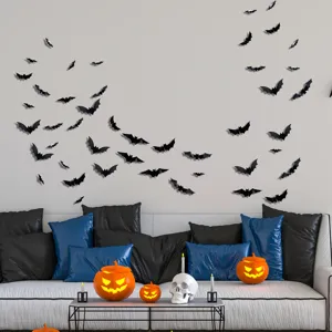 Halloween 3D bat wall stickers and glowing LED pumpkin lights set for holiday party decor.