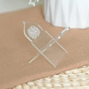 Clear acrylic mini book stand detail, Rehal shape, Islamic calligraphy desk decor display