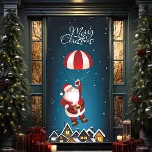 Nahaufnahme des Weihnachts-Tür Banners mit dem herabsteigenden Weihnachtsmann im Dekor.