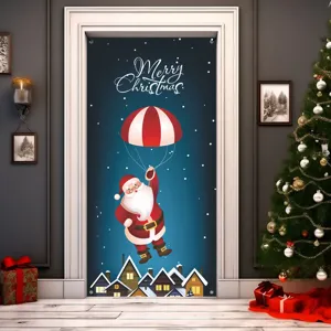 Weihnachtstürbehang mit Weihnachtsmann im Fallschirm und verschneiter Dorfszene Dekoration.