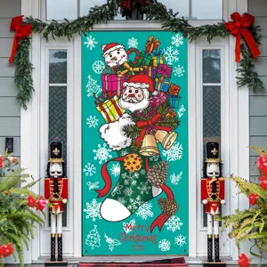 Weihnachtstür Vorhang Detail, bunte Weihnachtsmann und Geschenke festliche Party Dekoration.