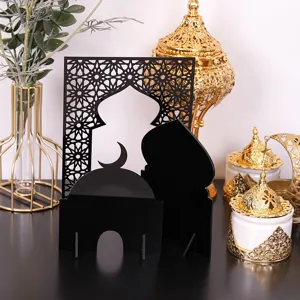 Islamic architecture black acrylic table decor piece, Ramadan festival desktop ornament.