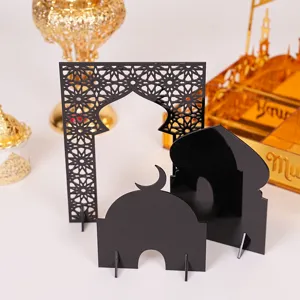 Black acrylic mosque arch and crescent moon desktop ornament set for Ramadan decor.