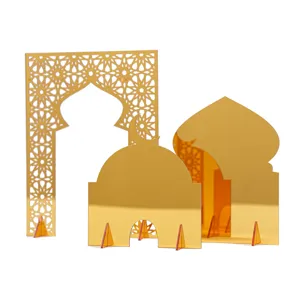 Gold acrylic Middle Eastern style mosque arch tabletop decorative ornament set detail view.