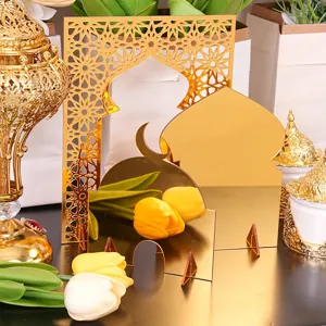 Gold acrylic Middle Eastern architecture desktop ornament set, Islamic geometric decor for home.