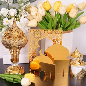 Gold acrylic Middle Eastern style architecture desktop ornament detail with tulips.
