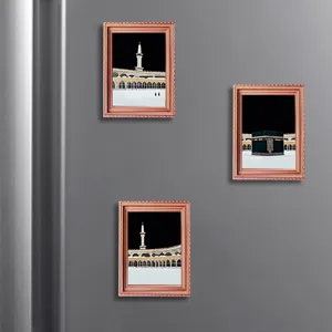 Close-up detail of Middle Eastern Islamic architecture wooden magnetic fridge photo frames.