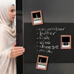 Close-up detail view of Middle Eastern architectural style wooden fridge photo frame magnets.