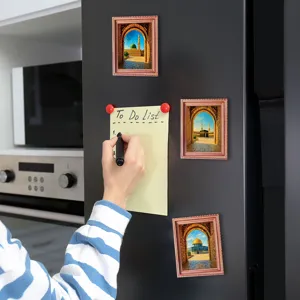 Middle Eastern architectural photo frame fridge magnet, wooden magnetic sticker home decor detail.