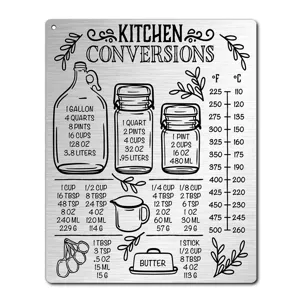 Stainless steel kitchen conversion chart magnet, metal measurement sign for baking & cooking.