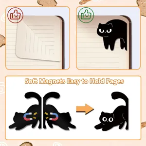 Black cat magnetic bookmark detail showing soft magnet feature and page holding usage.