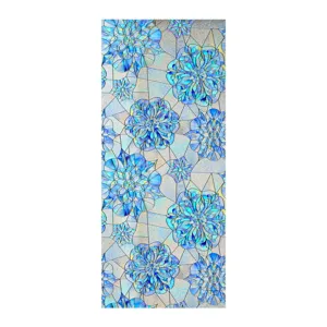 Close up of 3D embossed stained glass window film featuring blue floral pattern for home decor.