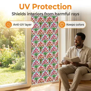 Detailed view of 3d embossed floral static window film in sunny living room scene.