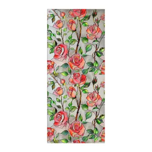 Detail view of 3D embossed rose glass window sticker, colorful floral stained glass design.