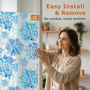 3D floral stained glass window film, static cling privacy sticker for home decoration.