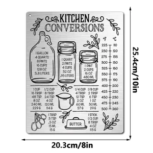 Detailed view of stainless steel kitchen conversion chart magnet with clear measurement units.