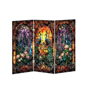Mini paravent pliant en acrylique avec motif de paon en vitrail translucide pour bureau.