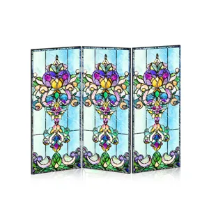 Vue de détail du mini paravent pliant en acrylique aux motifs décoratifs colorés.