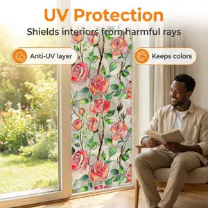 Detail view of 3D embossed rose window glass sticker showing UV protection and lifestyle.