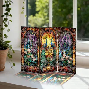 Mini paravent pliant en acrylique translucide avec paon en vitrail et décoration de bégonia.