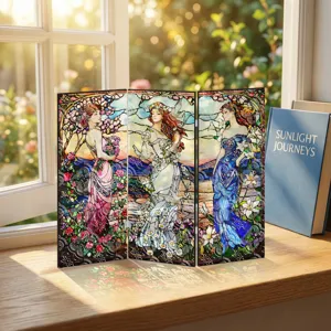 Détail du paravent miniature en acrylique avec un magnifique design de vitrail Art Nouveau.