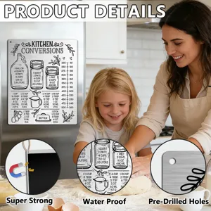 Kitchen conversion chart magnet for refrigerator, metal measurement equivalent sign.