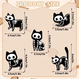 Black and white skeleton cat magnetic bookmarks set with detailed size dimensions for reading.
