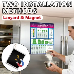 Kitchen measurement conversion chart magnet with oven temp and dry weights for cooking.
