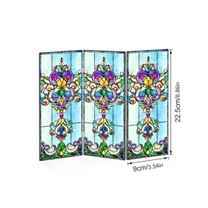 Mini paravent pliant en acrylique de bureau avec design floral coloré en vitrail, 22.5x9cm.