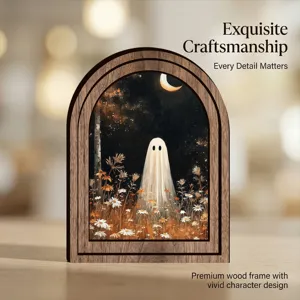 Halloween ghost wooden frame wall art, vintage spooky decor with warm lighting for home.