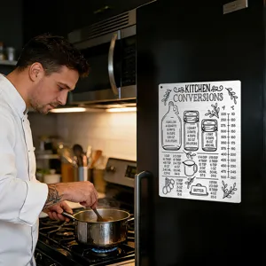 Kitchen conversion chart magnet for metal refrigerator cooking measurement guide detail view.