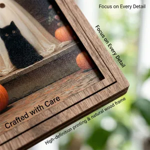 Detailansicht der Halloween-Holzrahmenkunst mit schwarzer Katze, klarer Druck und Holzstruktur.