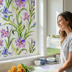 3D Stained Glass Window Film Iris Floral Decorative Static Cling Privacy Film for Home