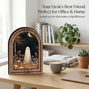 Wooden arch ghost picture frame desk decor for Halloween home and office interior styling.