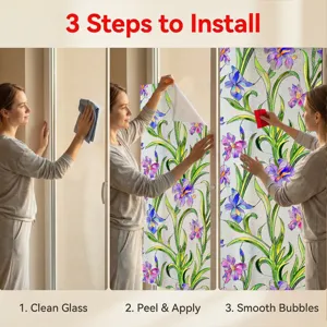 3D floral embossed static window film, decorative privacy glass sticker with iris flower design.