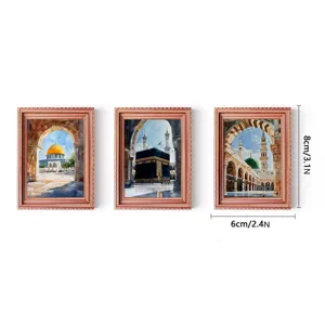 Set of 3 Islamic architecture wooden fridge magnets featuring vintage frames and scenic art.