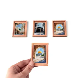 Islamic architecture fridge magnets, wooden photo frame miniature scenic landscape decor.