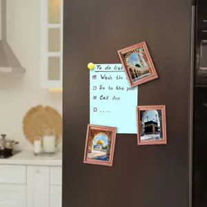 Wooden photo frame fridge magnets with Middle Eastern architectural scenery for kitchen decor.