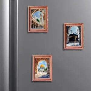 Islamic architecture fridge magnets set, decorative wooden photo frame magnetic stickers for kitchen.