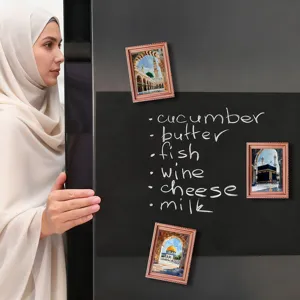 Middle Eastern style architectural fridge magnet set with wooden photo frame design for home.