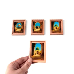 Middle Eastern style architectural fridge magnets wooden photo frame decor 4pcs set.