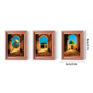 Detailed view of Middle Eastern architecture fridge magnets, showing intricate Islamic landmark art.