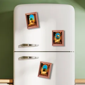 Islamic architecture fridge magnets featuring Mecca and Jerusalem landmarks in wooden frames.