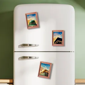 Islamic architectural fridge magnets with wooden frames, perfect for home decor gifts.