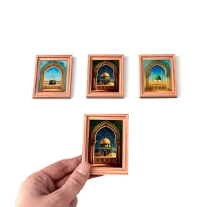 Wooden Islamic architecture fridge magnet set, miniature photo frame decor for home.